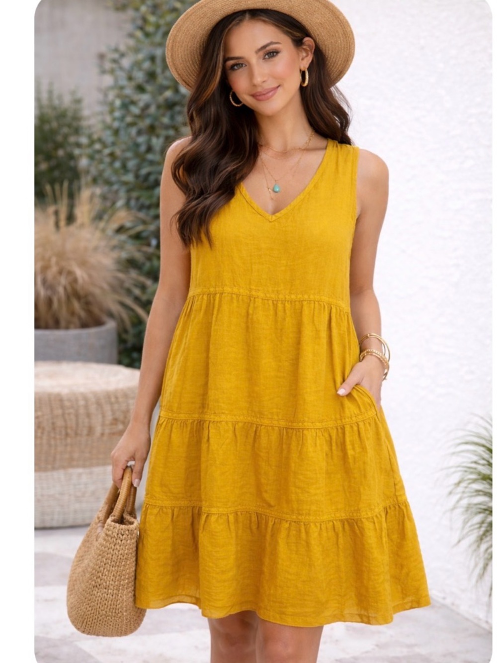 Rachel Zoe linen Sleeveless V-Neck Tiered Sundress in Mustard Yellow size med
